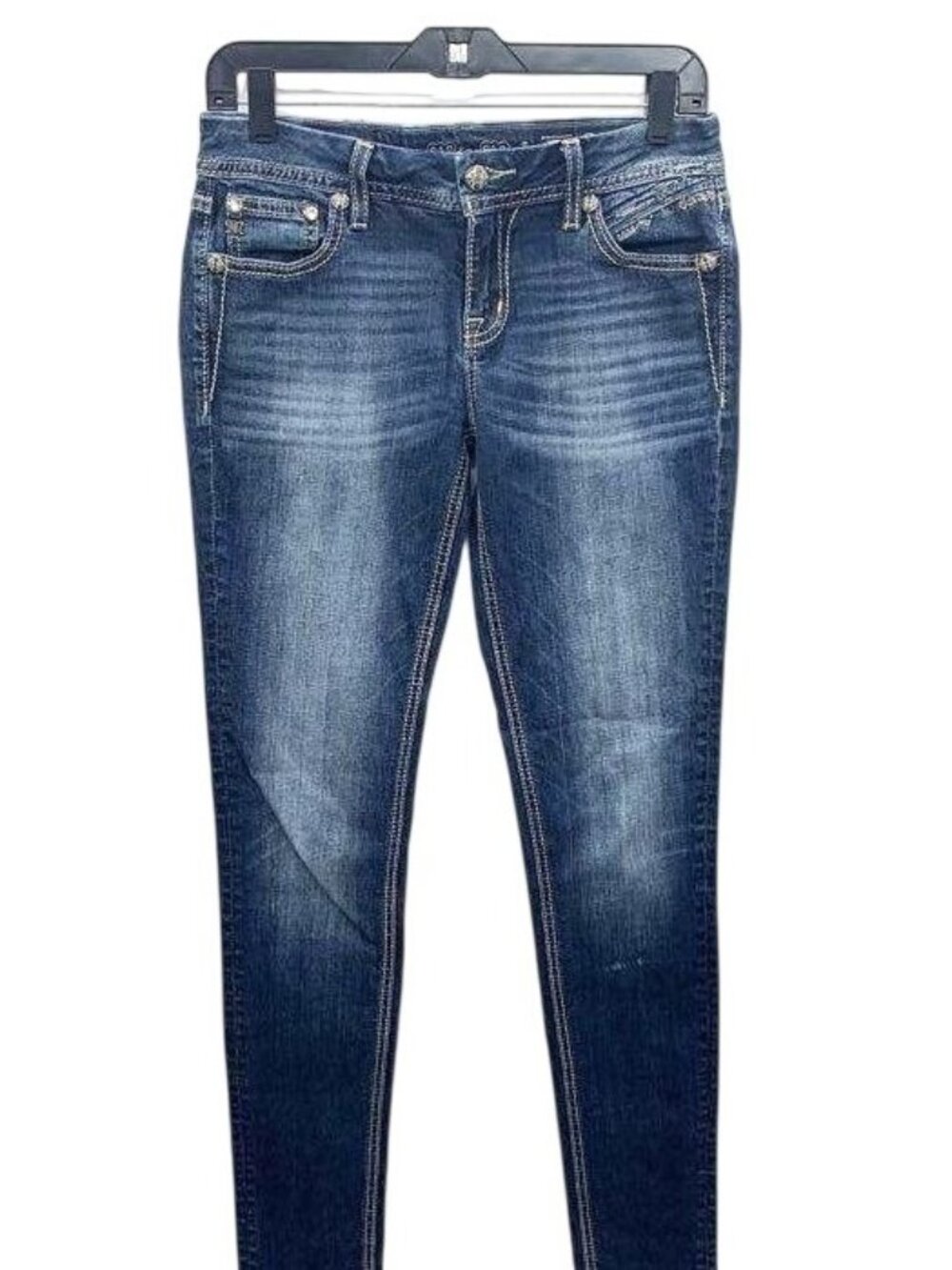 Miss Me Mid-Rise Easy Skinny Distressed Embellished Jeans Size 26 Dark Wash